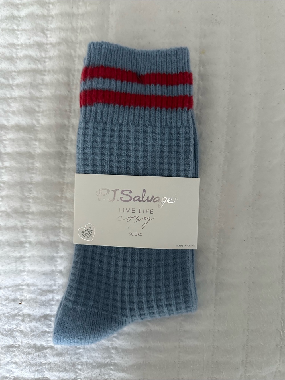 P.J. Salvage Light Blue Waffle Knit Socks with Red Stripes